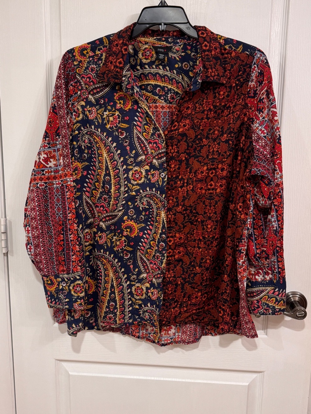 intro. Paisley Patchwork Button-Up Blouse in Navy, Red, Gold